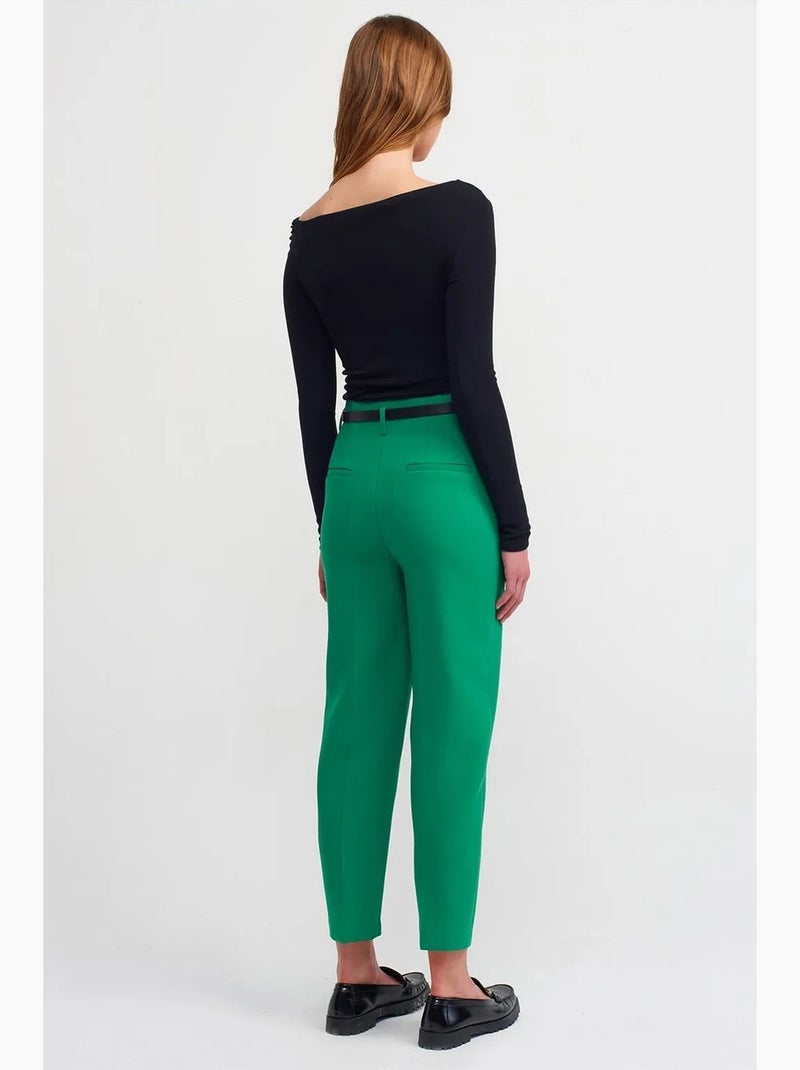 Pantalon droit en crêpe à taille haute avec ceinture dilvin Vert - Kiabi