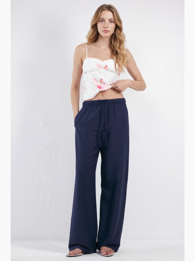 Pantalon droit en lin mélangé avec cordon de serrage hiccup Bleu marine - Kiabi
