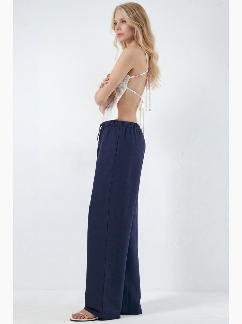 Pantalon droit en lin mélangé avec cordon de serrage hiccup Bleu marine - Kiabi