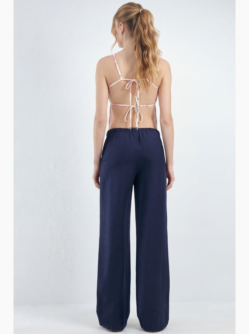 Pantalon droit en lin mélangé avec cordon de serrage hiccup Bleu marine - Kiabi