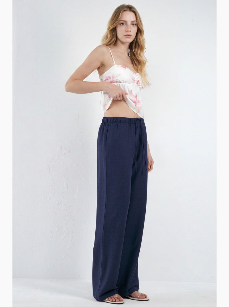 Pantalon droit en lin mélangé avec cordon de serrage hiccup Bleu marine - Kiabi