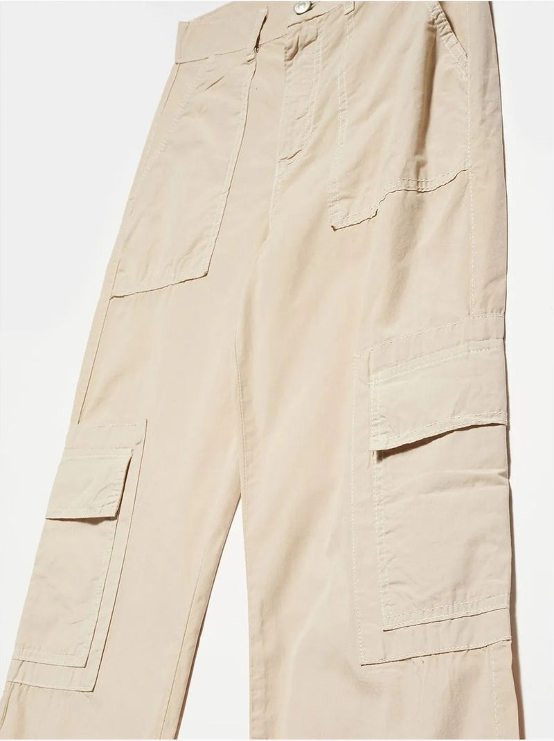 Pantalon droit en popeline de coton à taille haute dilvin Beige argile - Kiabi
