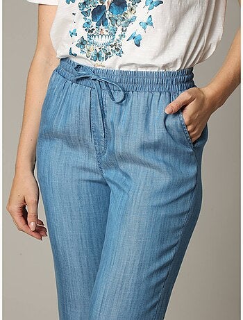 Pantalon droit fluide à taille élastiquée avec lien de serrage et monopoche arrière 'Deeluxe'