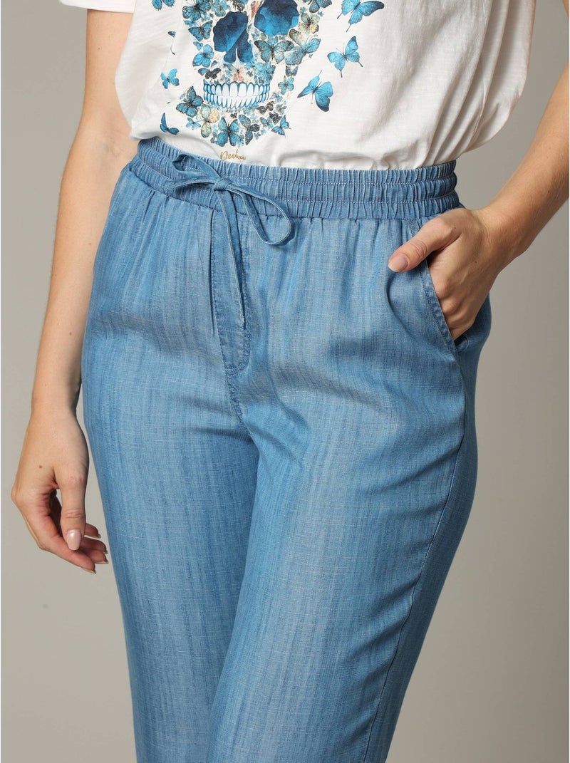 Pantalon droit fluide à taille élastiquée avec lien de serrage et monopoche arrière 'Deeluxe' Bleu - Kiabi