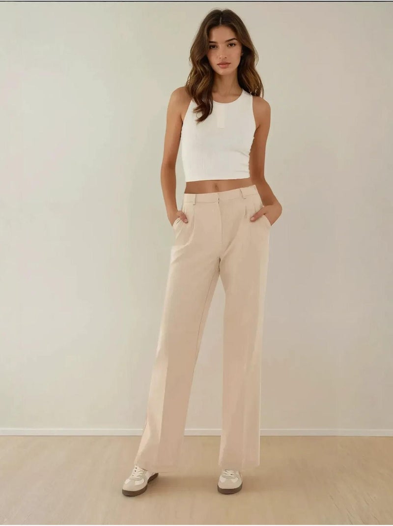 Pantalon droit plissé taille moyenne Beige naturel - Kiabi