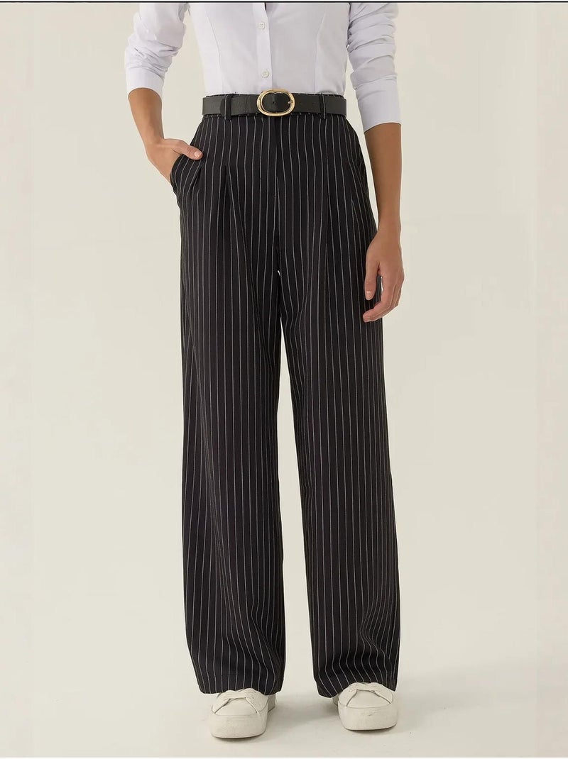 Pantalon droit rayé taille haute Noir - Kiabi