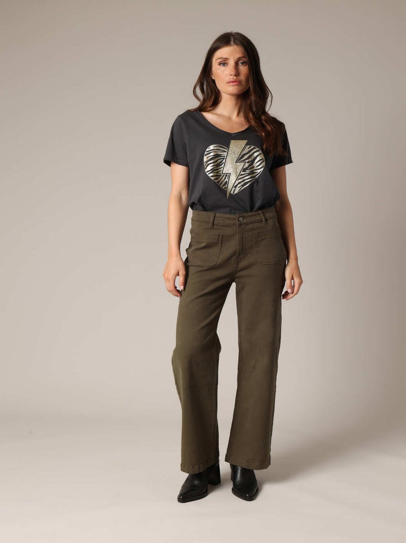 Pantalon droit taille haute à poches plaquées femme. 'Deeluxe' Vert bouteille - Kiabi