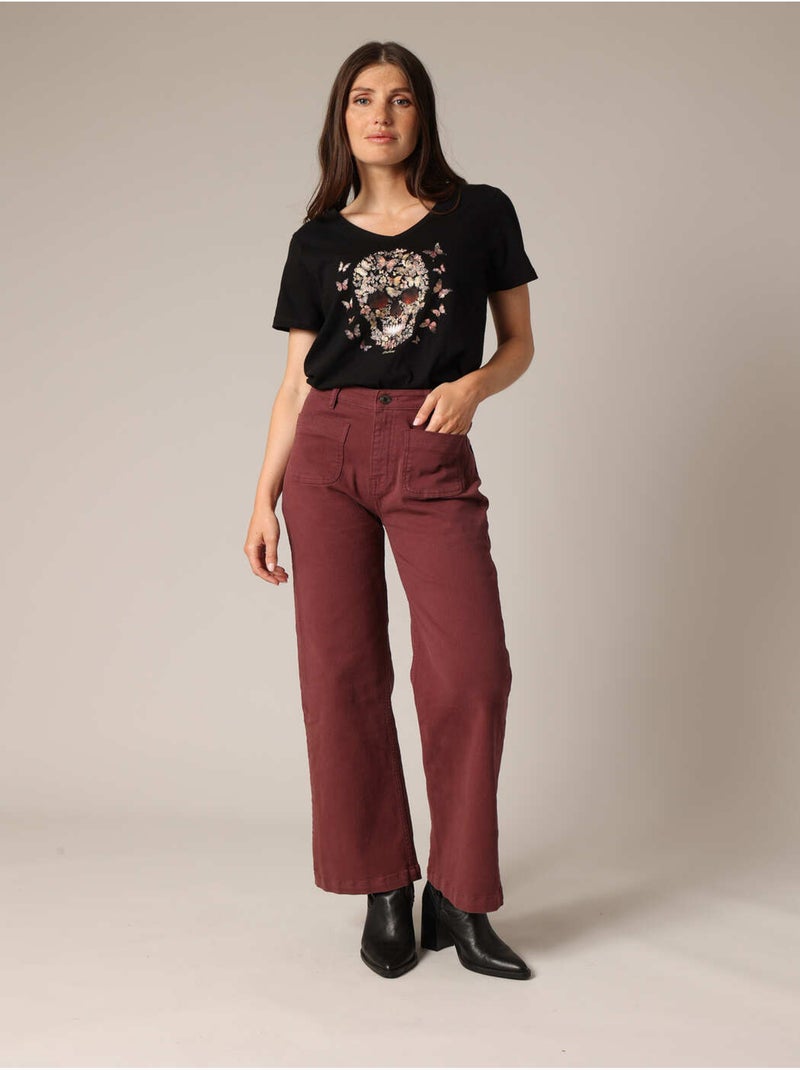 Pantalon droit taille haute à poches plaquées femme 'deeluxe' Violet prune - Kiabi