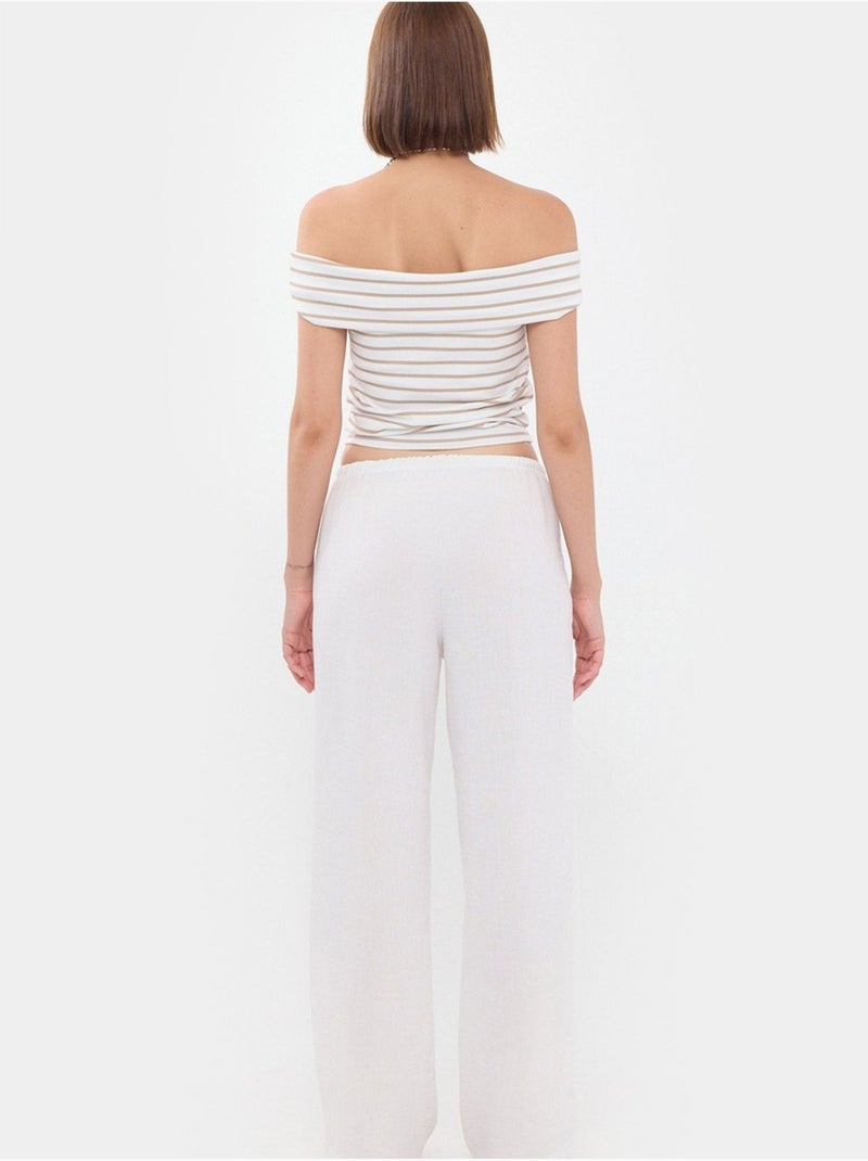 Pantalon droit taille haute avec cordon de serrage Ecru - Kiabi