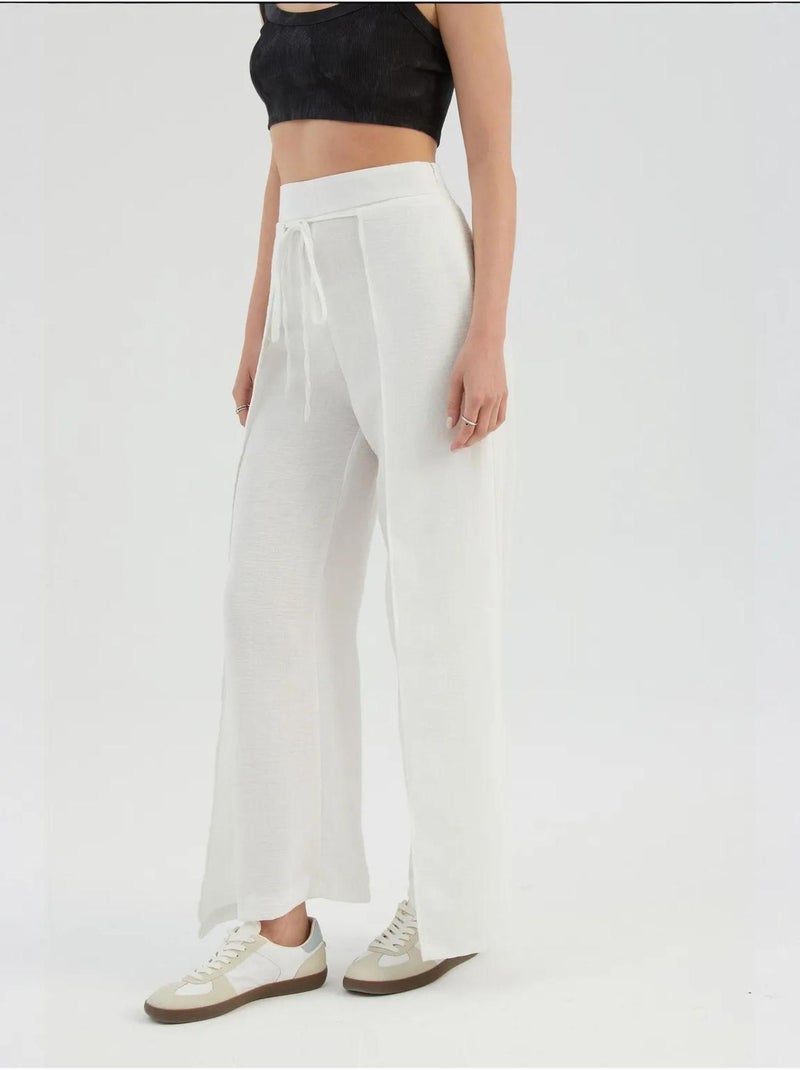 Pantalon droit taille haute avec lien sur le devant Blanc - Kiabi