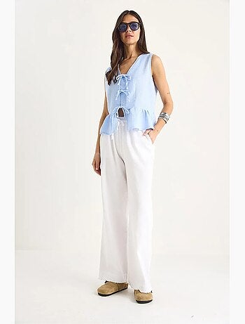 Pantalon droit taille haute en gabardine avec détails de reliure lucci