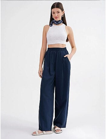 Pantalon droit taille haute en lin mélangé côtelé mixray