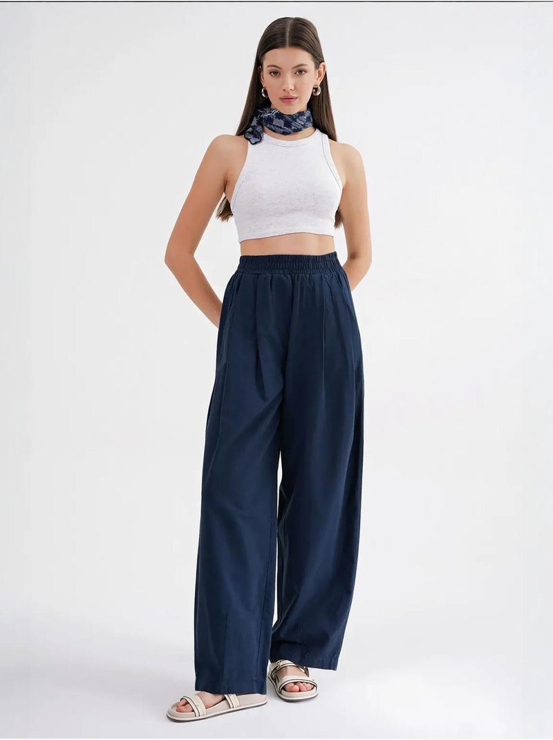 Pantalon droit taille haute en lin mélangé côtelé mixray Bleu marine - Kiabi