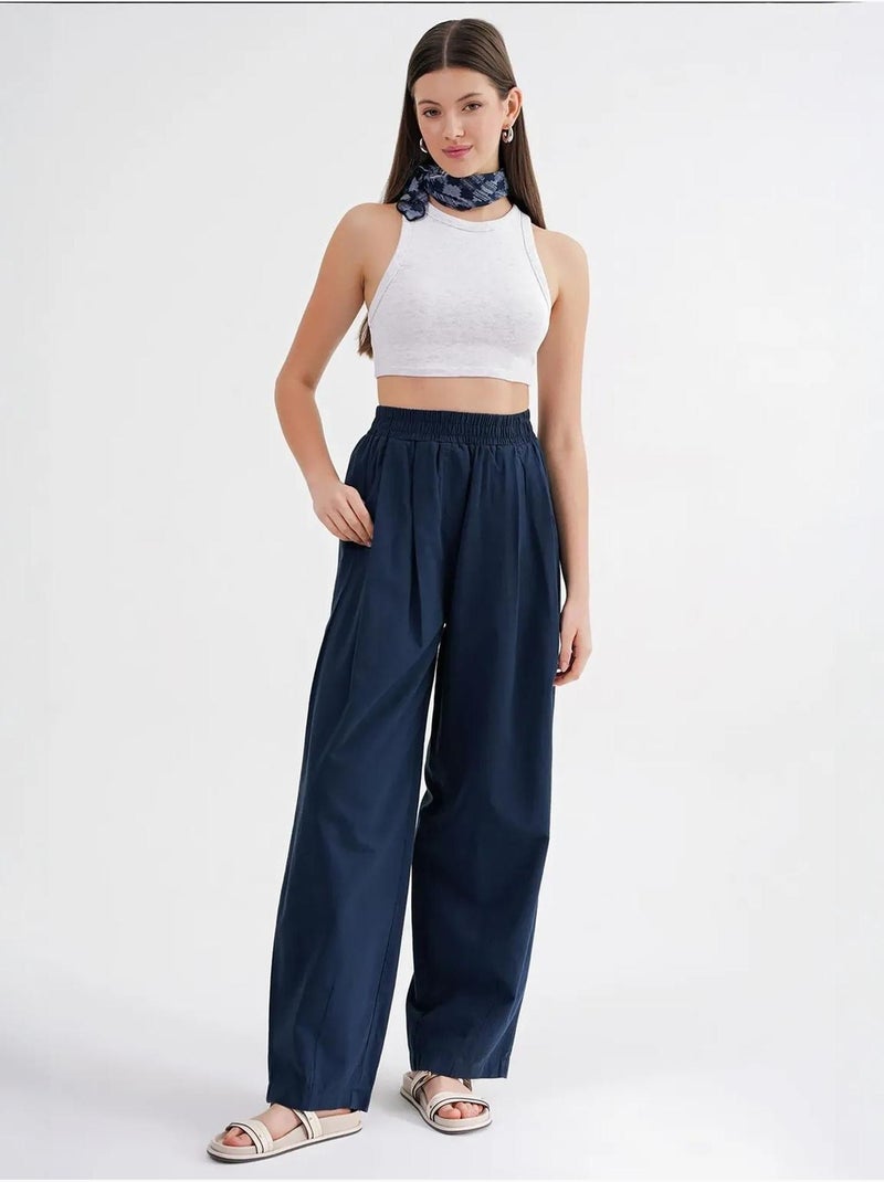 Pantalon droit taille haute en lin mélangé côtelé mixray Bleu marine - Kiabi