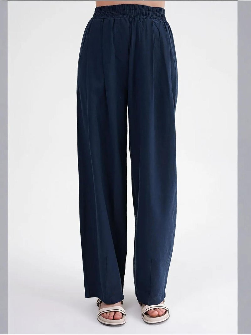 Pantalon droit taille haute en lin mélangé côtelé mixray Bleu marine - Kiabi