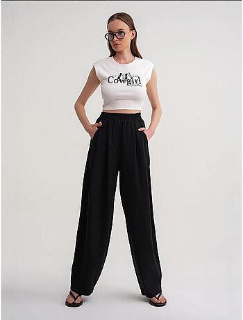 Pantalon droit taille haute en lin mélangé côtelé mixray