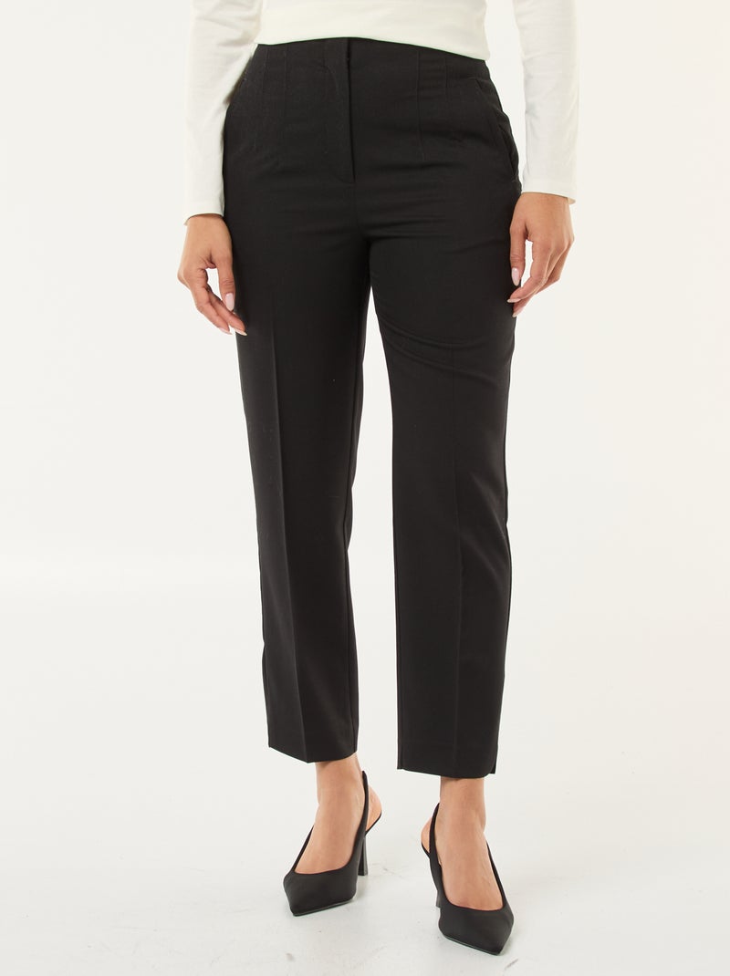 Pantalon droit taille haute femme en chaîne et trame Noir - Kiabi