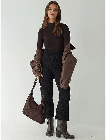 Pantalon droit texturé taille haute de qualité supérieure