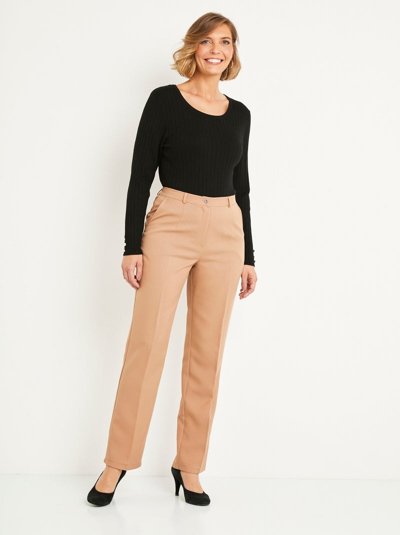 Pantalon droit uni taille semi élastiquée Beige - Kiabi