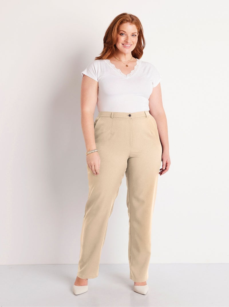 Pantalon droit uni taille semi élastiquée Beige sable - Kiabi
