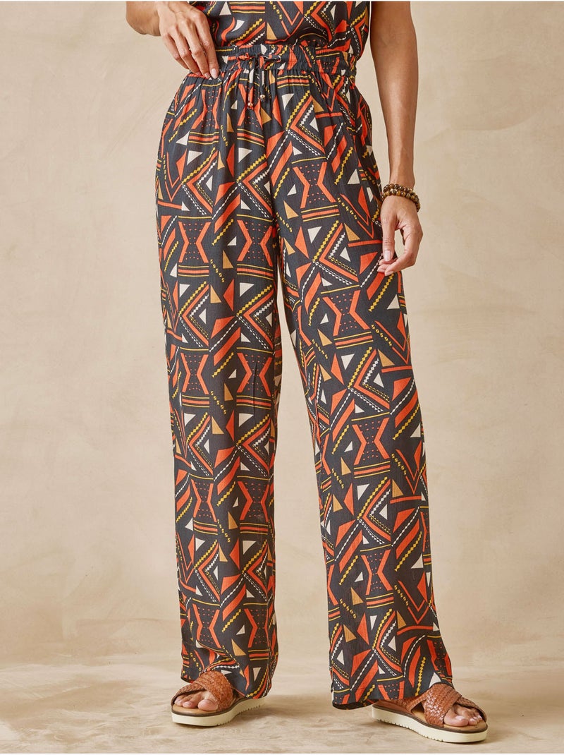 Pantalon élastiqué large et fluide - DAXON Marron/Multicolore - Kiabi