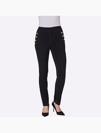 Pantalon en bengaline à ceinture élastique et boutons fantaisie - Taille courte - Moda Vilona