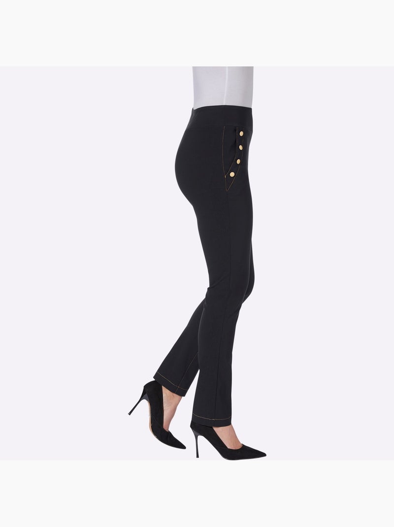 Pantalon en bengaline à ceinture élastique et boutons fantaisie - Taille courte - Moda Vilona Noir - Kiabi