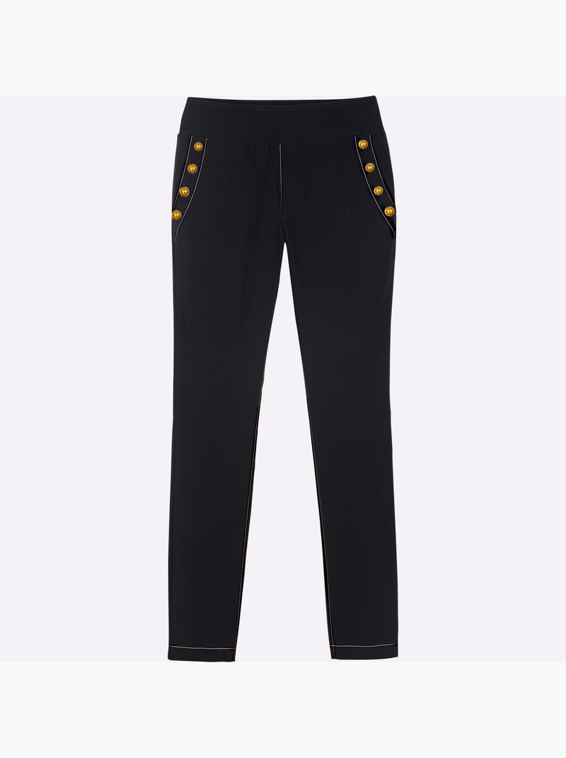 Pantalon en bengaline à ceinture élastique et boutons fantaisie - Taille courte - Moda Vilona Noir - Kiabi