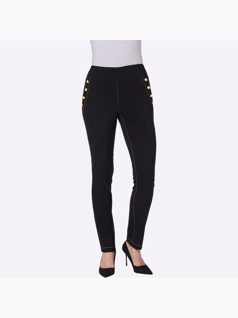Pantalon en bengaline à ceinture élastique et boutons fantaisie - Taille courte - Moda Vilona Noir - Kiabi