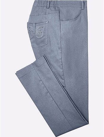 Pantalon en bengaline avec broderie papillons et poches décoratives - Taille standard - Moda Vilona