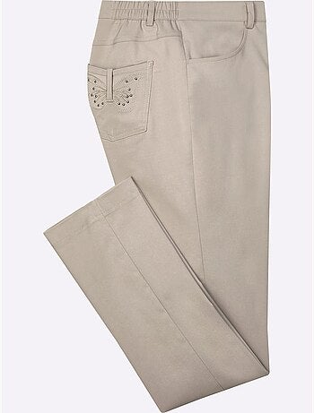 Pantalon en bengaline avec poches et broderie papillons - Taille courte - Moda Vilona