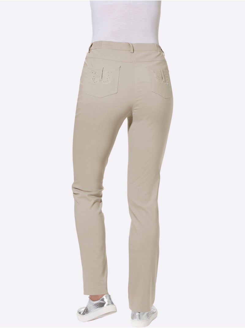 Pantalon en bengaline avec poches et broderie papillons - Taille courte - Moda Vilona Beige - Kiabi