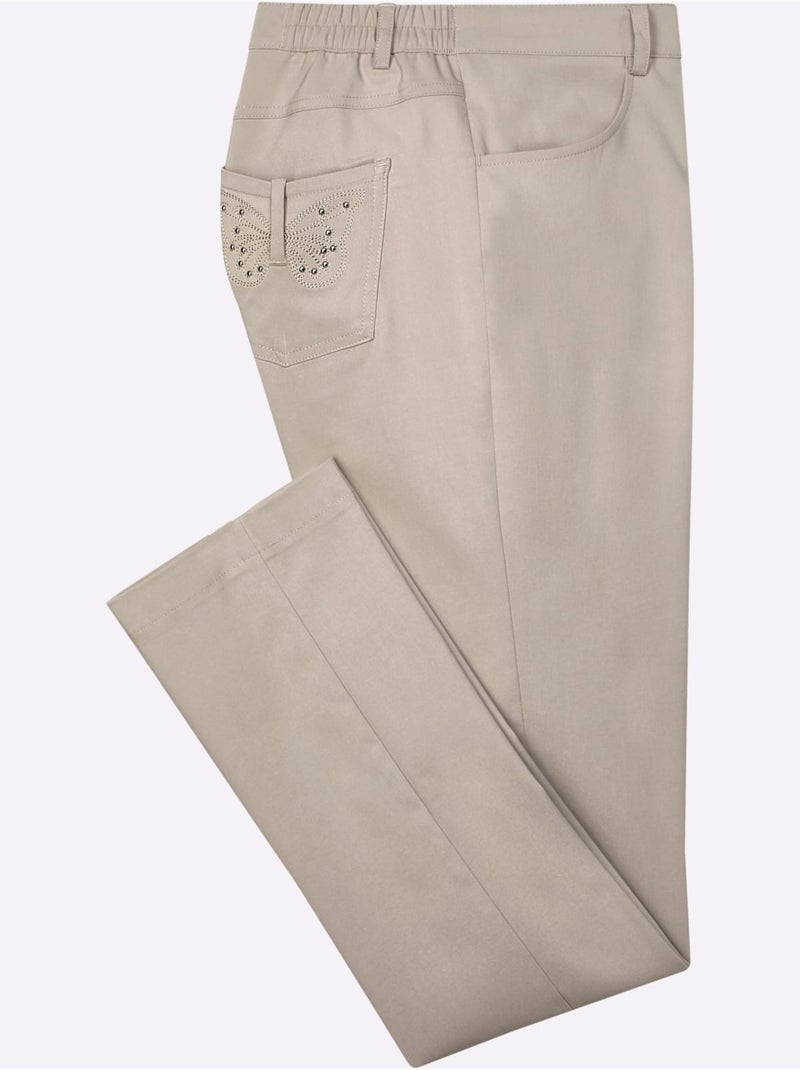 Pantalon en bengaline avec poches et broderie papillons - Taille courte - Moda Vilona Beige - Kiabi