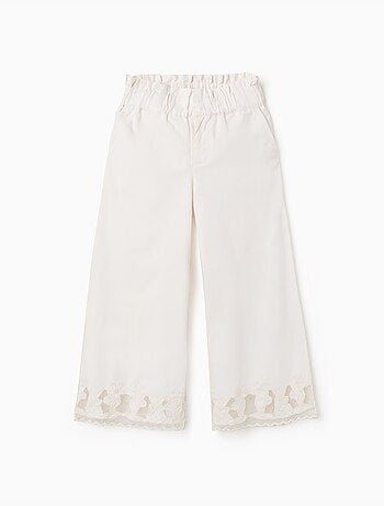 Pantalon en coton à jambe large avec fleurs brodées