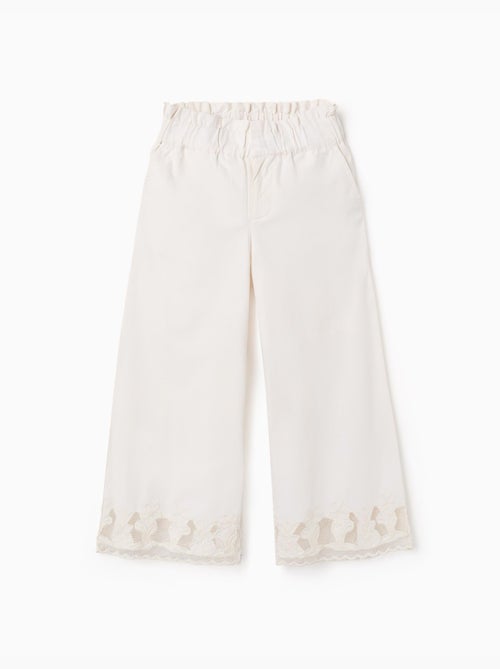 Pantalon en coton à jambe large avec fleurs brodées - Kiabi