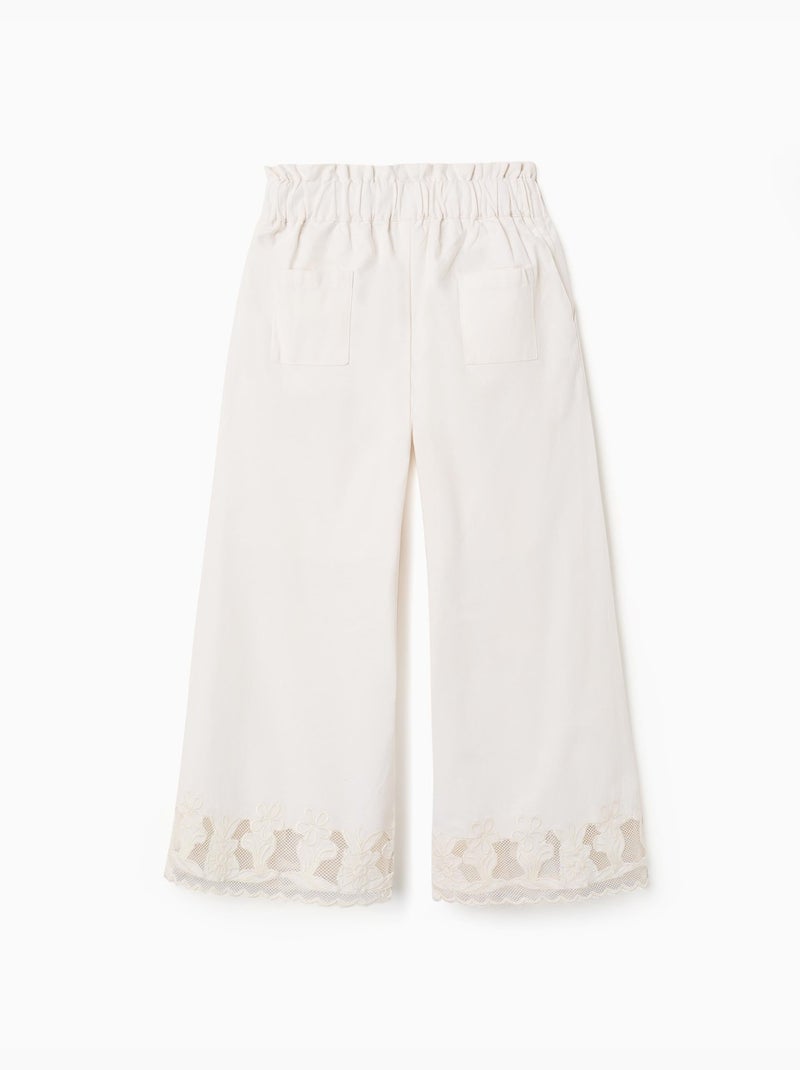 Pantalon en coton à jambe large avec fleurs brodées Blanc - Kiabi