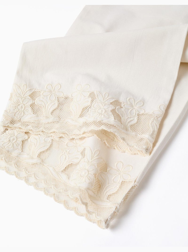 Pantalon en coton à jambe large avec fleurs brodées Blanc - Kiabi