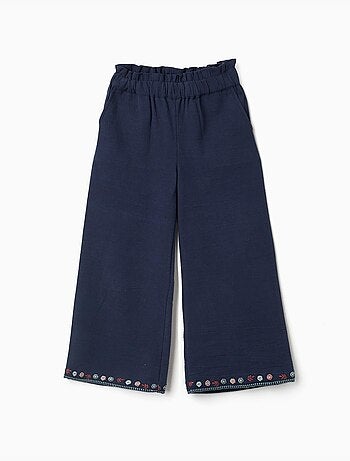 Pantalon en coton à jambe large avec fleurs brodées
