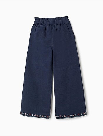 Pantalon en coton à jambe large avec fleurs brodées