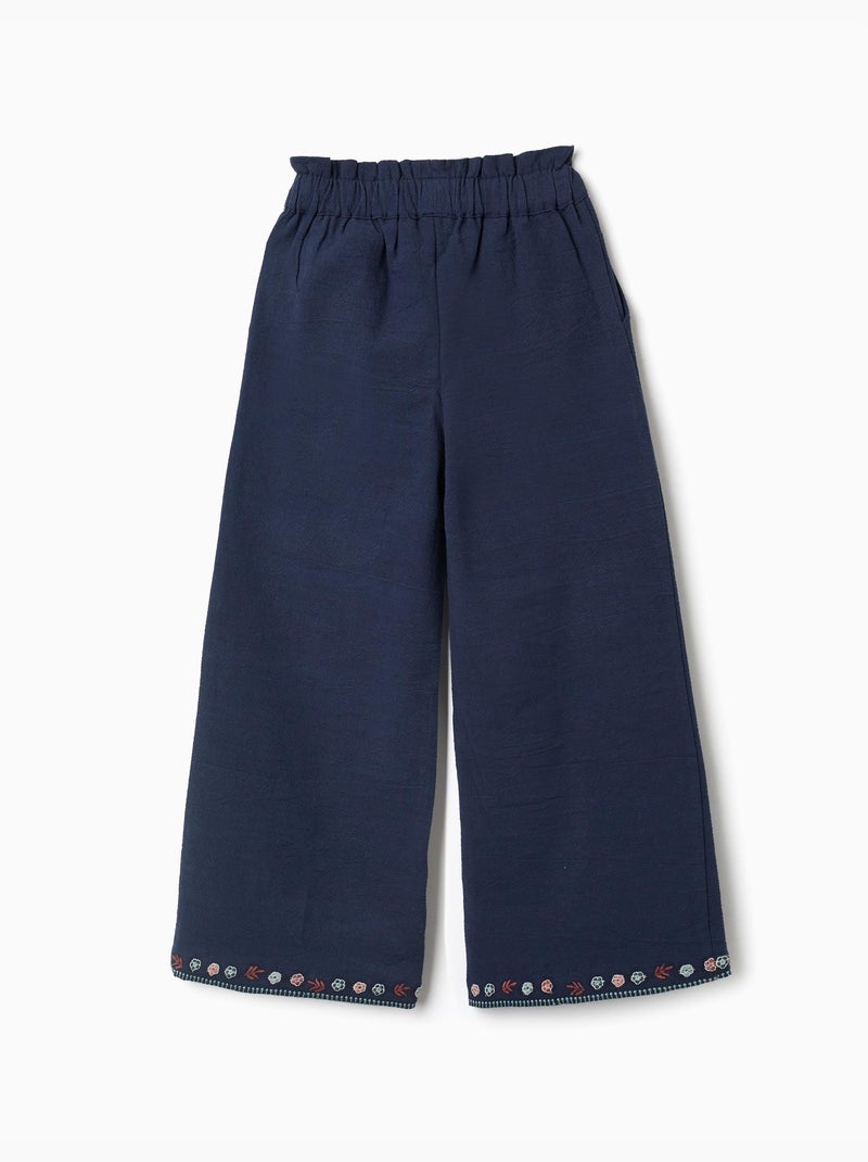Pantalon en coton à jambe large avec fleurs brodées Bleu foncé - Kiabi