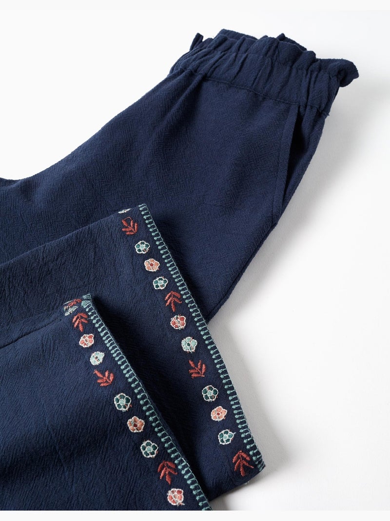 Pantalon en coton à jambe large avec fleurs brodées Bleu foncé - Kiabi