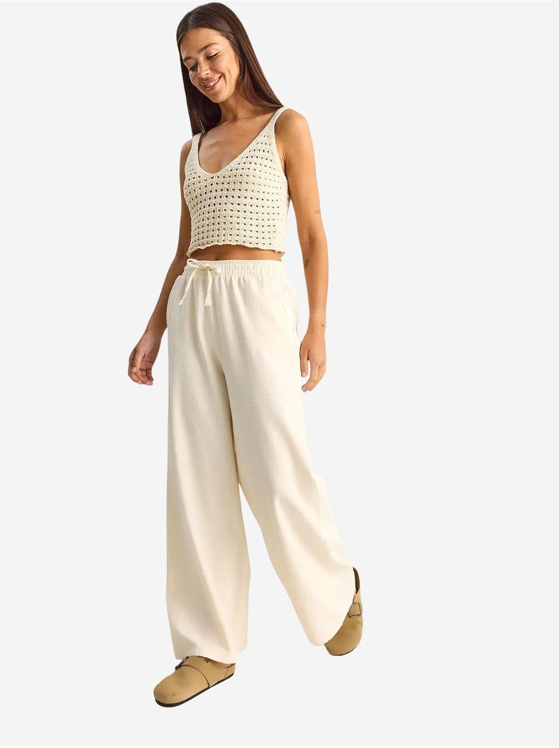 Pantalon en coton à jambes larges avec cordon à la taille lucci Crème - Kiabi