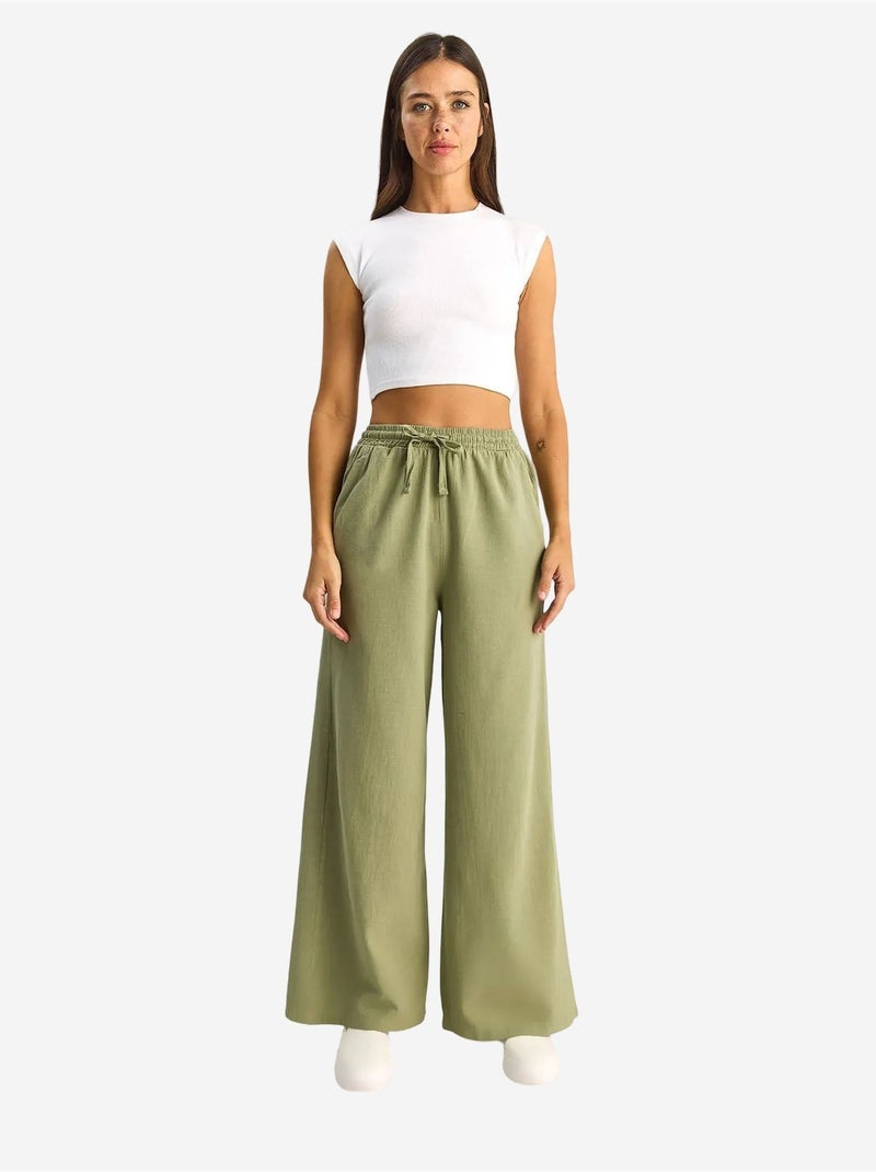 Pantalon en coton à jambes larges avec cordon à la taille lucci Kaki - Kiabi