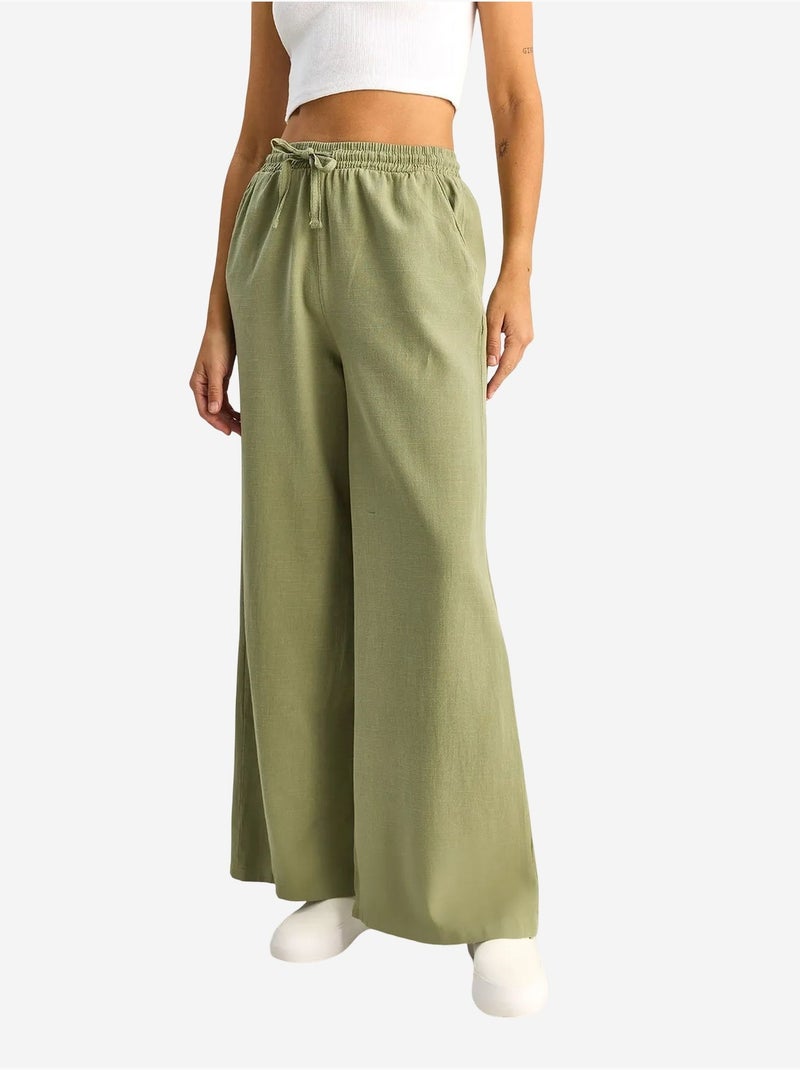 Pantalon en coton à jambes larges avec cordon à la taille lucci Kaki - Kiabi