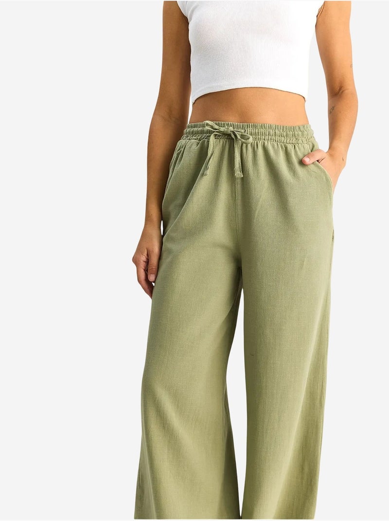 Pantalon en coton à jambes larges avec cordon à la taille lucci Kaki - Kiabi