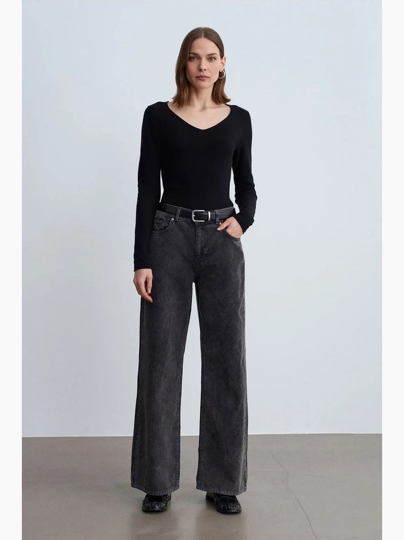 Pantalon en coton à taille haute et jambe large dilvin Gris Noir - Kiabi