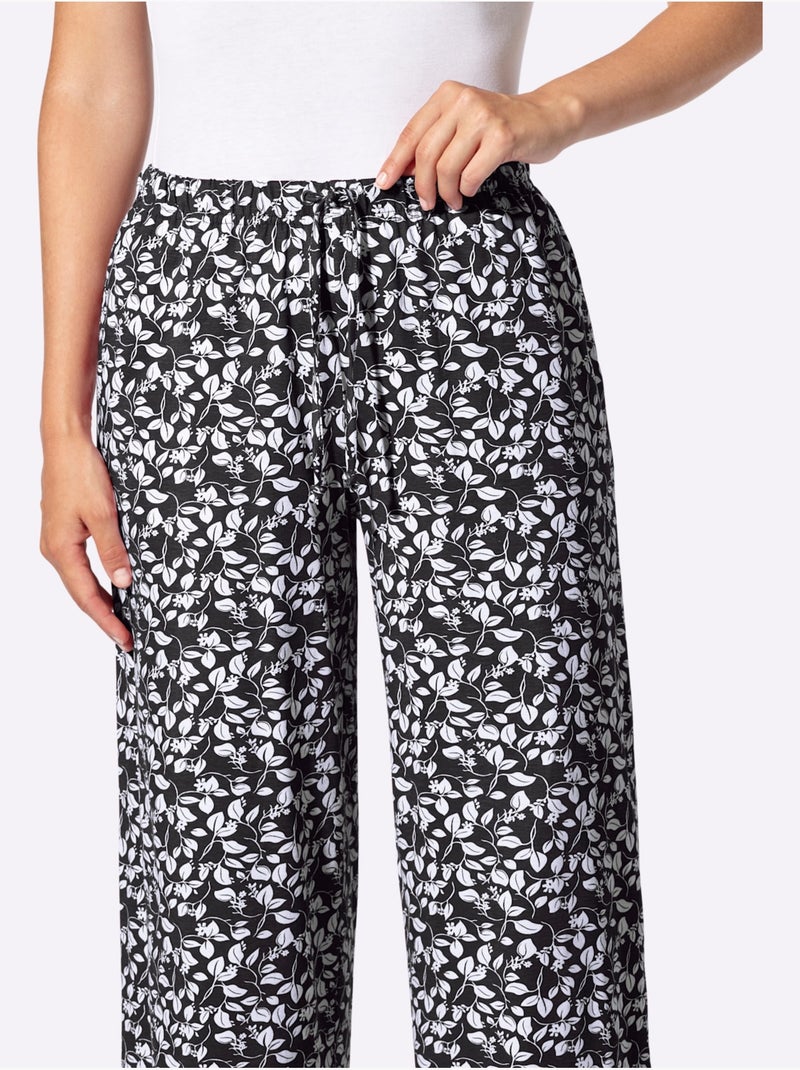 Pantalon en coton avec motif fleurettes et ceinture élastique - Taille standard - Witt Noir Blanc - Kiabi