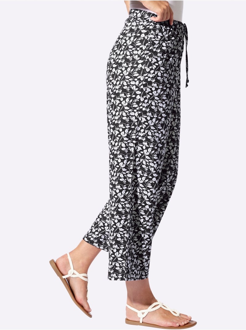 Pantalon en coton avec motif fleurettes et ceinture élastique - Taille standard - Witt Noir Blanc - Kiabi