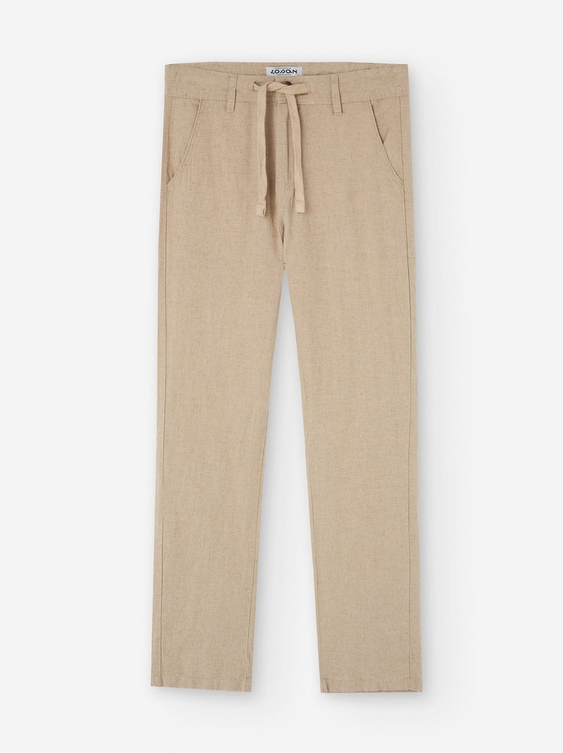 Pantalon en Coton et Lin avec Cordon Beige - Kiabi