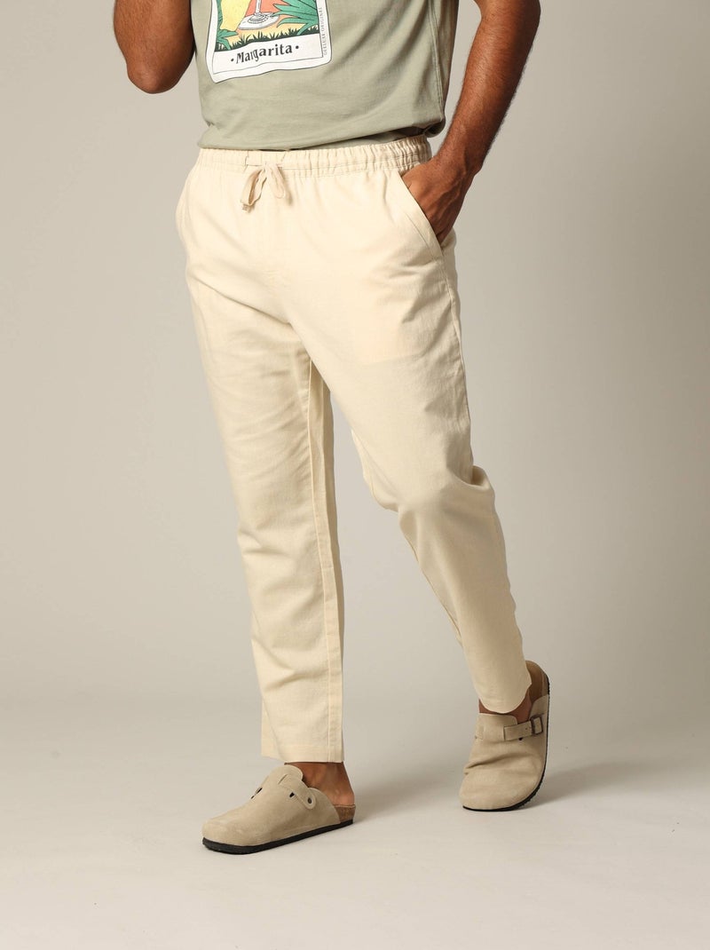 Pantalon en coton et lin avec taille élastiquée et cordon 'Deeluxe' Beige - Kiabi
